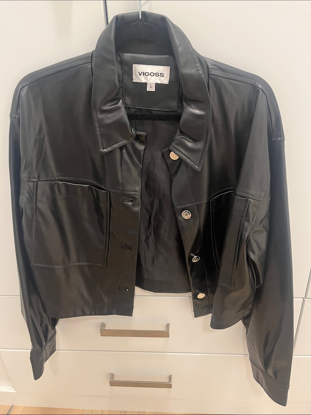 VIGOSS Black Faux Leather Button-Front Jacket
